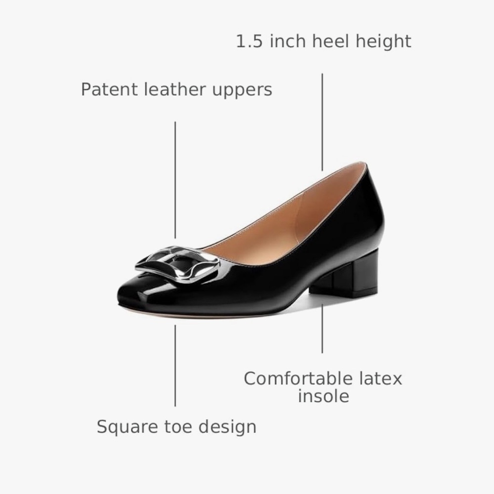 Misae Mila Low chunky Heels square Toe patent closed Toe pumps NWOT size 9.5